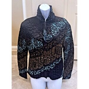 UBU Reversible Crinkle Jacket Black Bronze‎ Turquoise Scroll Mock Neck Small